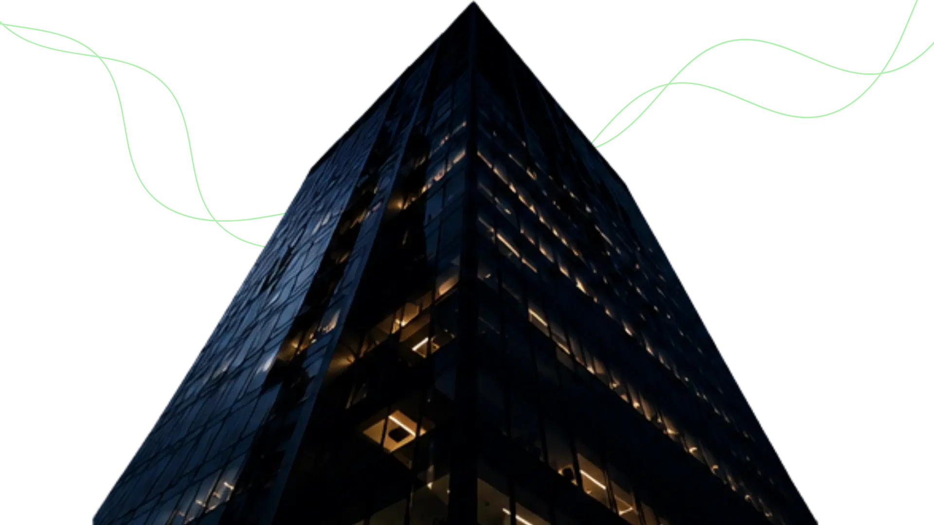 Edifício corporativo de vidro iluminado à noite ao lado de uma ponte estaiada